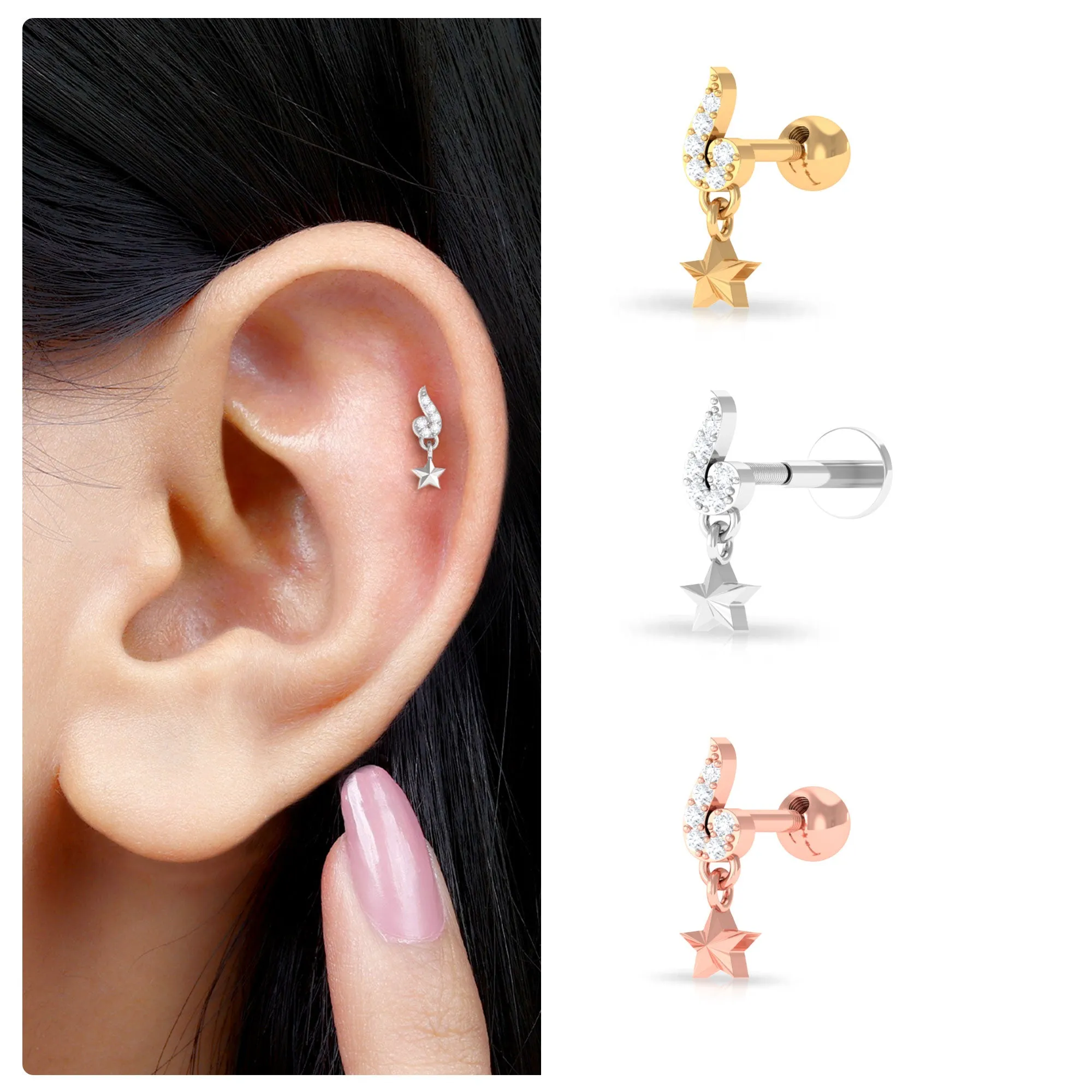 Unique Diamond Star Drop Earring for Helix Piercing