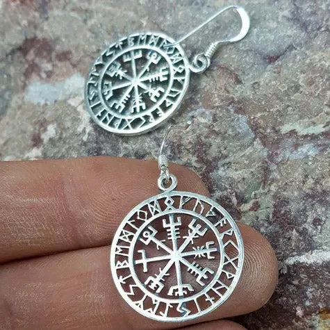 Vegvisir and Runes Earrings - Sterling Silver