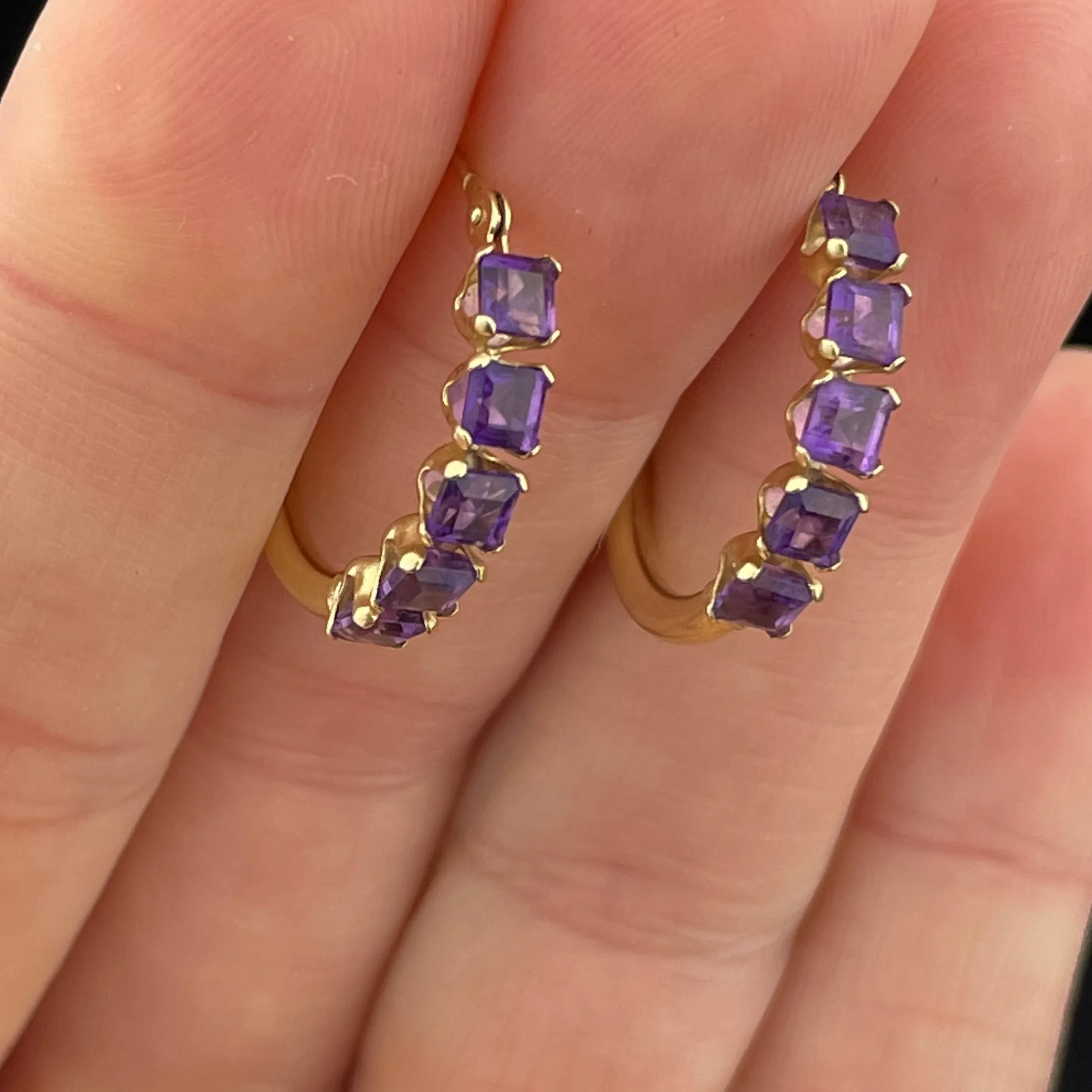 Vintage 10K Gold Amethyst Huggie Hoop Stud Earrings