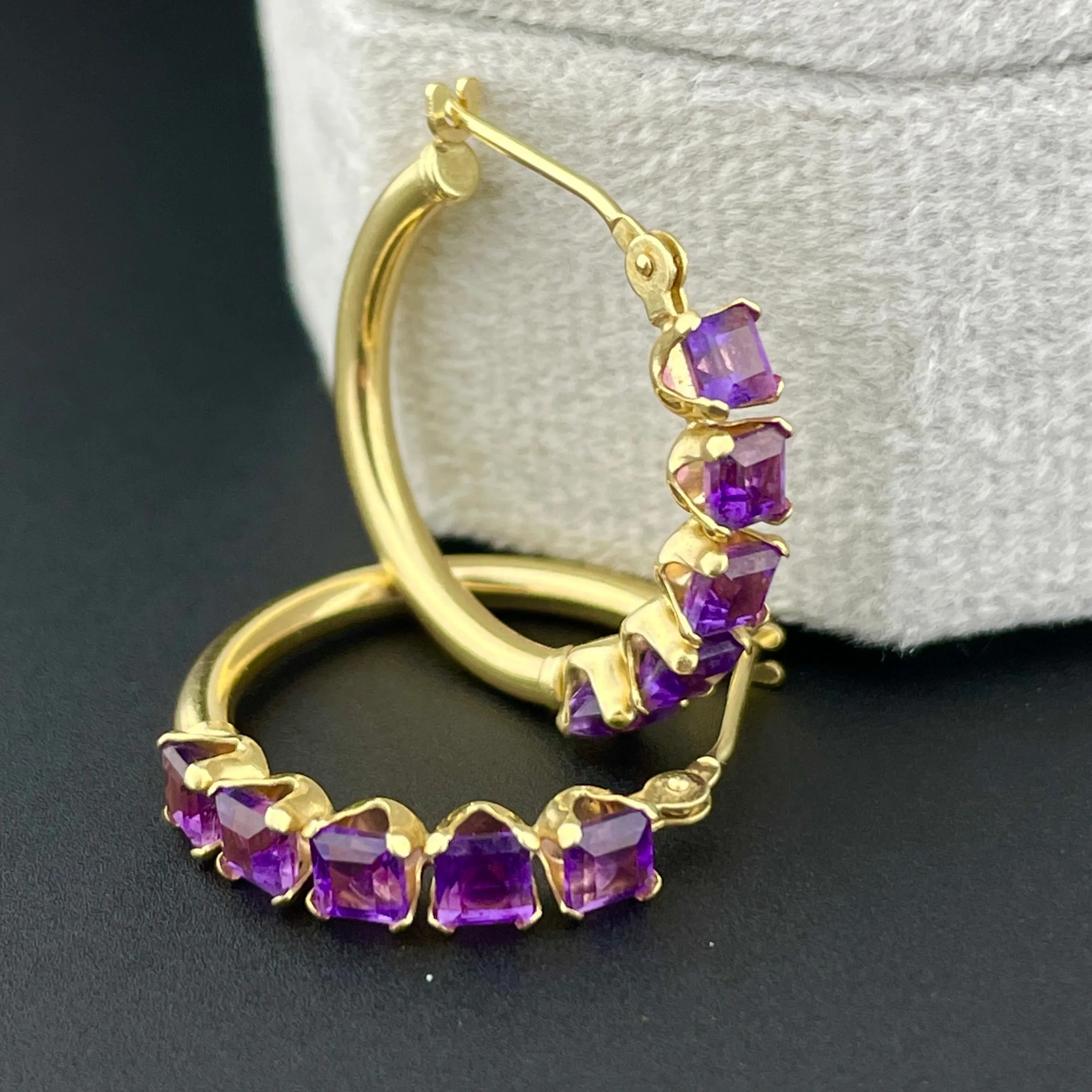 Vintage 10K Gold Amethyst Huggie Hoop Stud Earrings