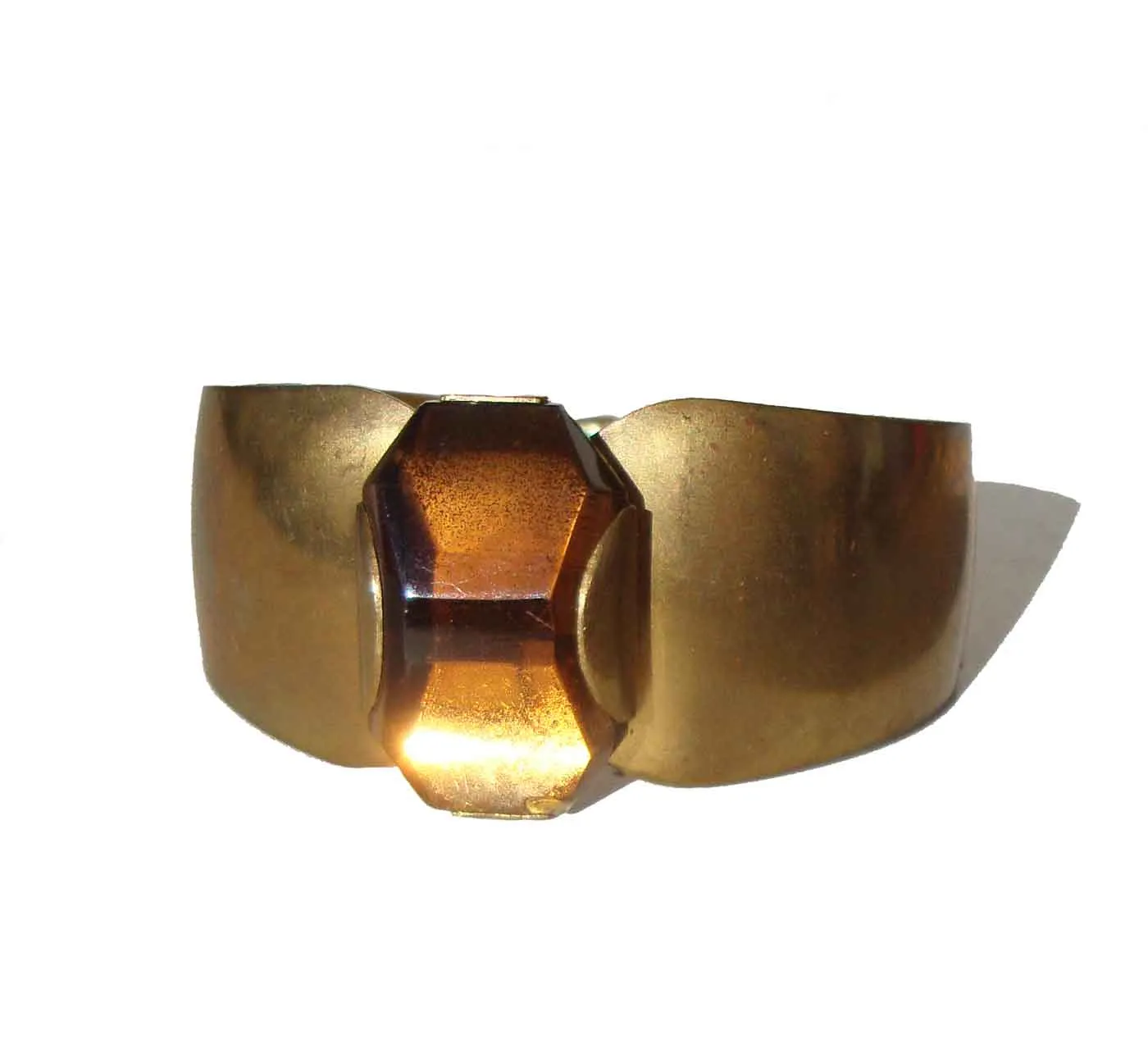 Vintage 40s Clamper Art Deco Brass & Faux Amber Bracelet