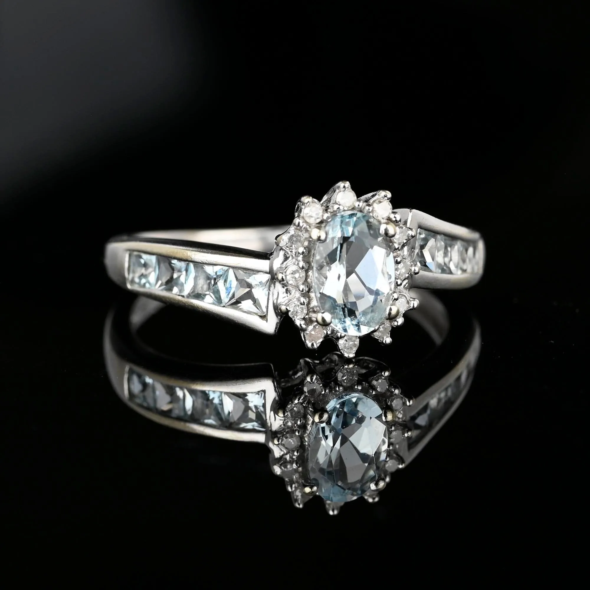 Vintage Diamond Cluster Aquamarine Ring in 10K White Gold