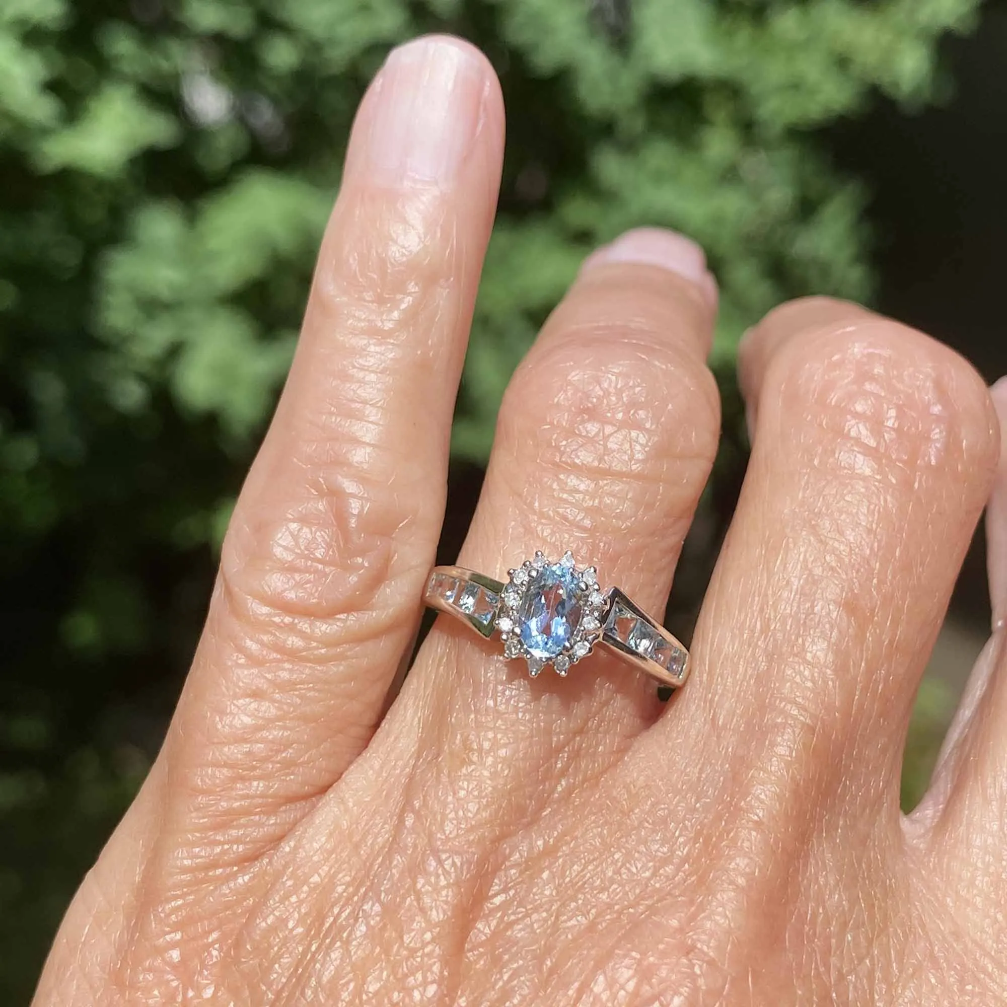 Vintage Diamond Cluster Aquamarine Ring in 10K White Gold