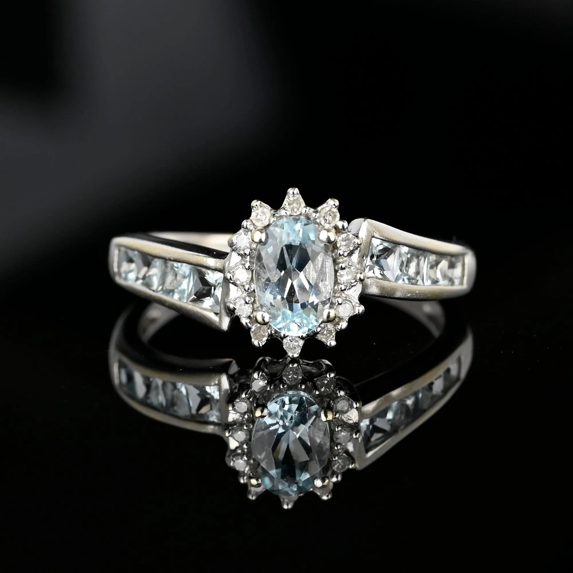 Vintage Diamond Cluster Aquamarine Ring in 10K White Gold