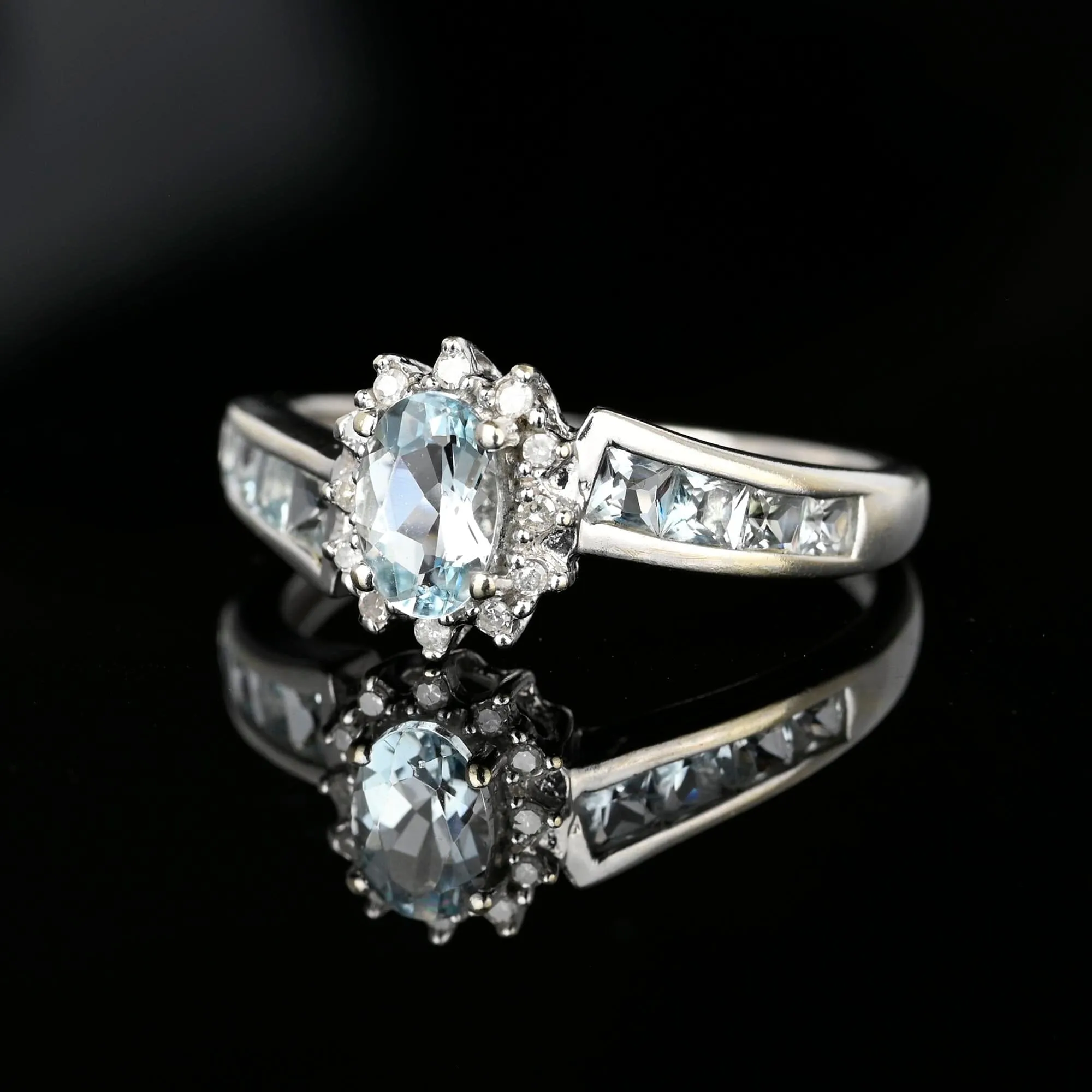 Vintage Diamond Cluster Aquamarine Ring in 10K White Gold