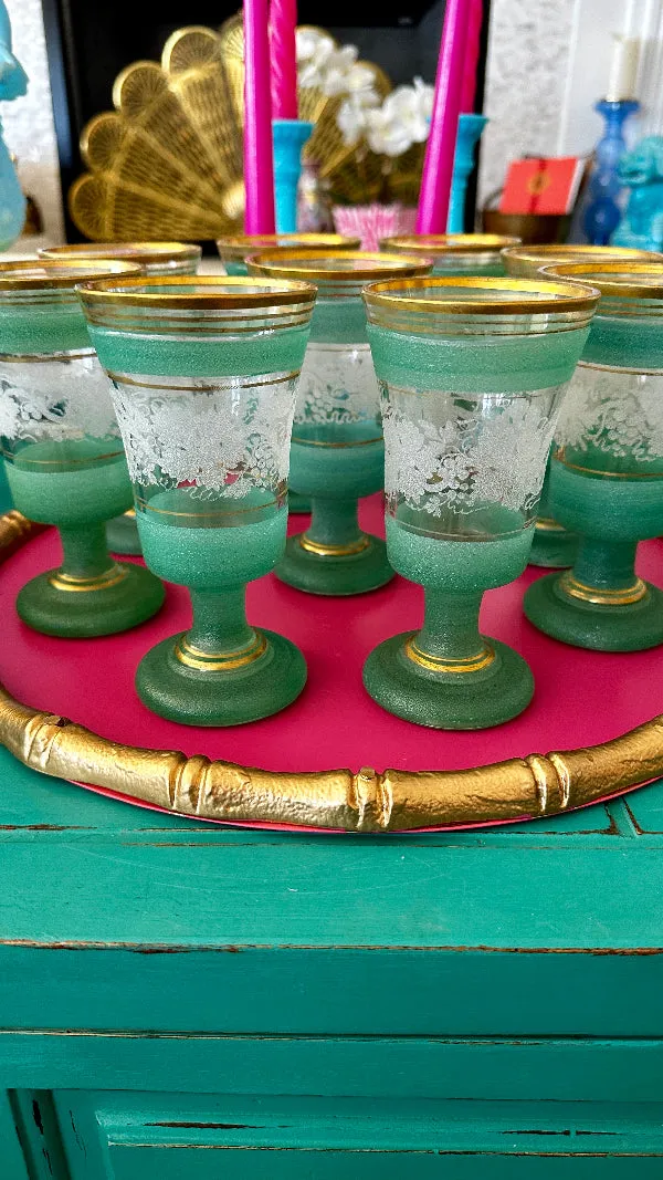 Vintage Glasses, Frosted Green and White, Set of 9