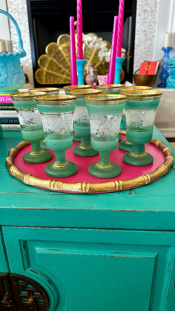 Vintage Glasses, Frosted Green and White, Set of 9