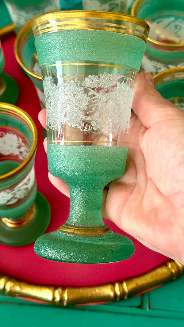 Vintage Glasses, Frosted Green and White, Set of 9