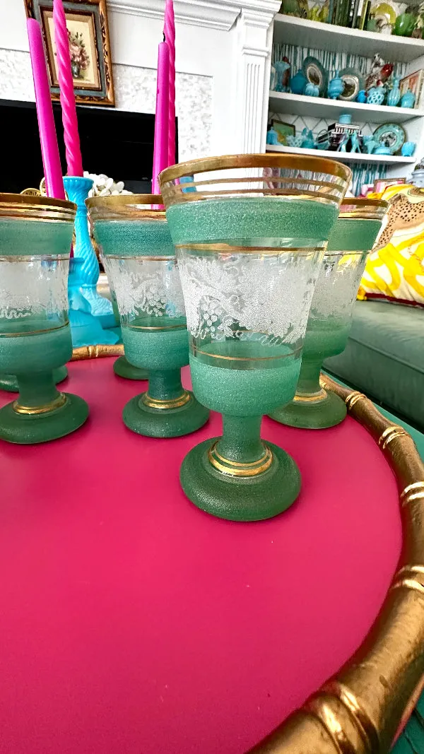 Vintage Glasses, Frosted Green and White, Set of 9