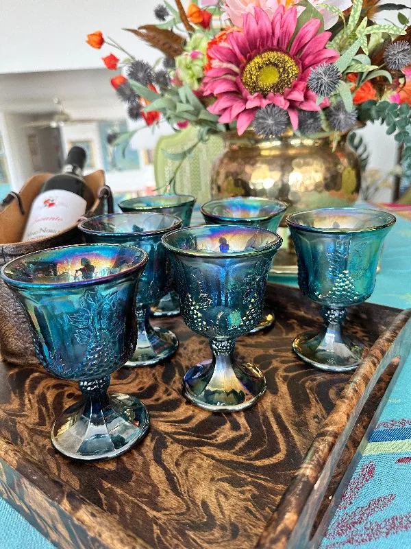 Vintage Goblets, Glasses, Carnival Glass, Grapevine Pattern Set of 6