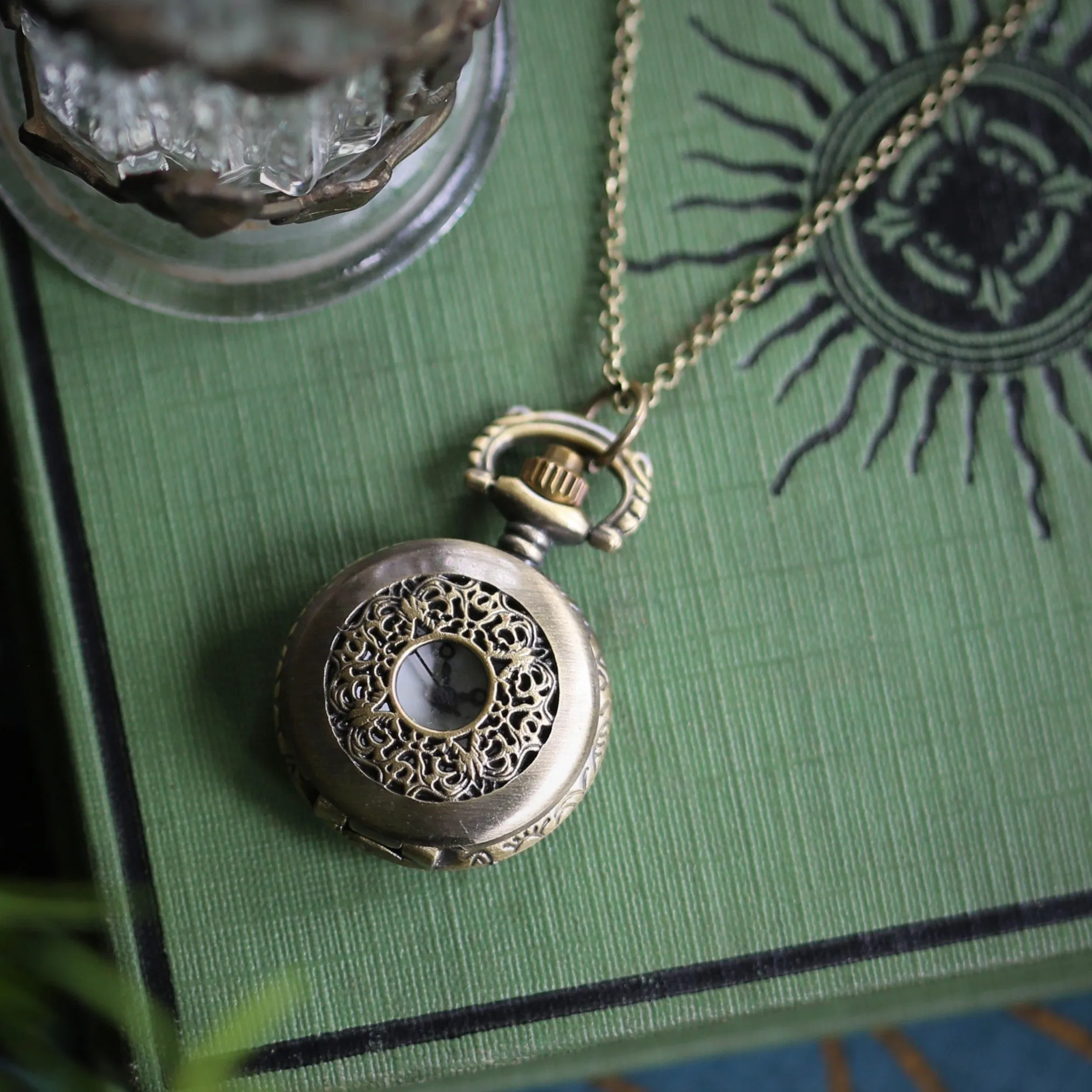 Vintage Scrollwork Style Pocket Watch Necklace in Brass