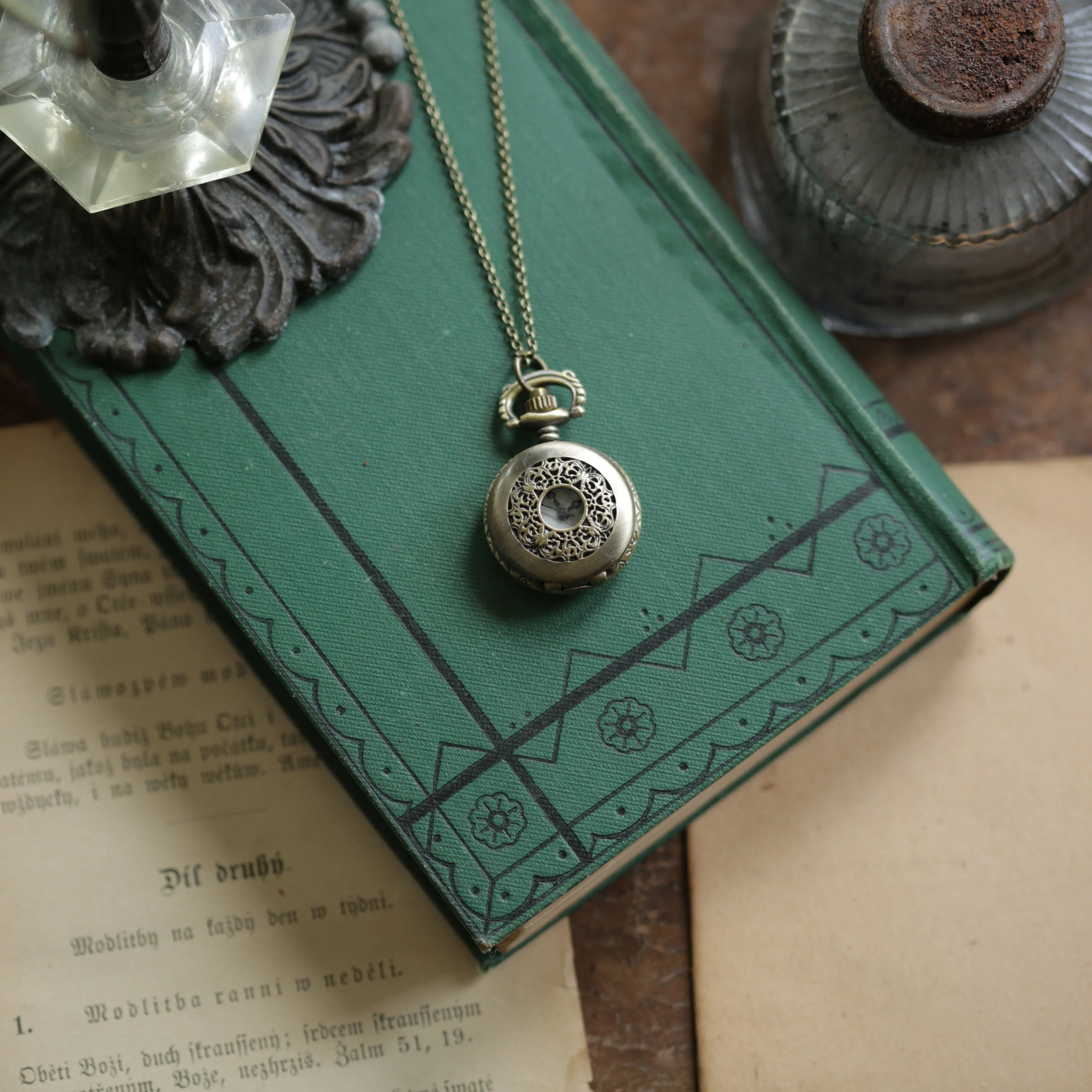 Vintage Scrollwork Style Pocket Watch Necklace in Brass