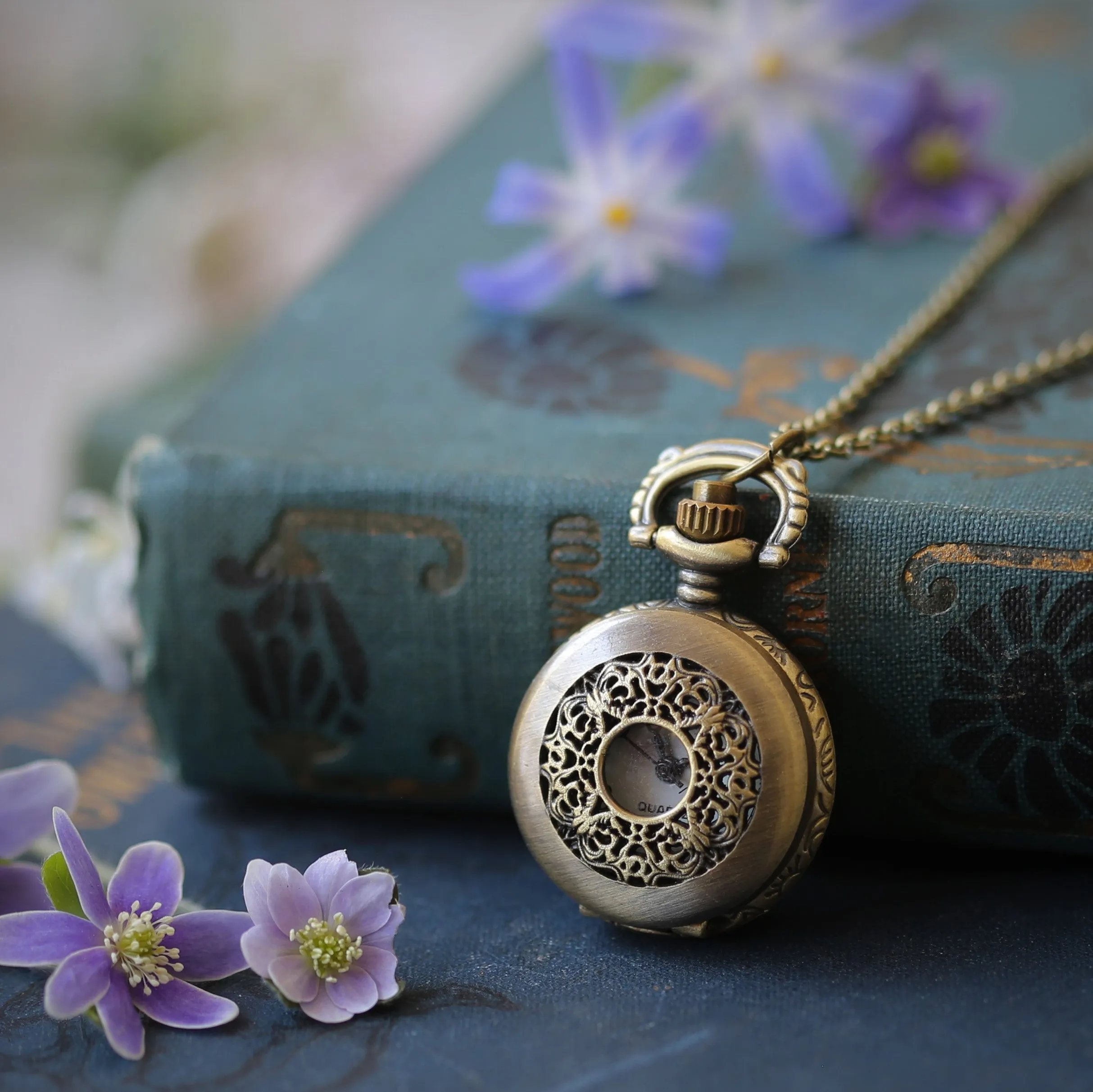 Vintage Scrollwork Style Pocket Watch Necklace in Brass