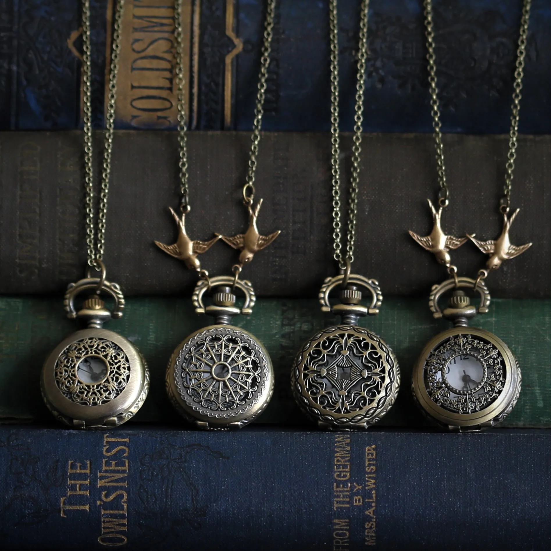 Vintage Scrollwork Style Pocket Watch Necklace in Brass