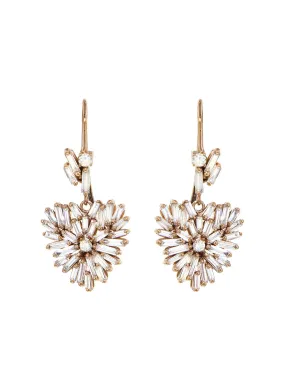 White Diamond Baguette and Round Rose Gold Heart Drop Earrings