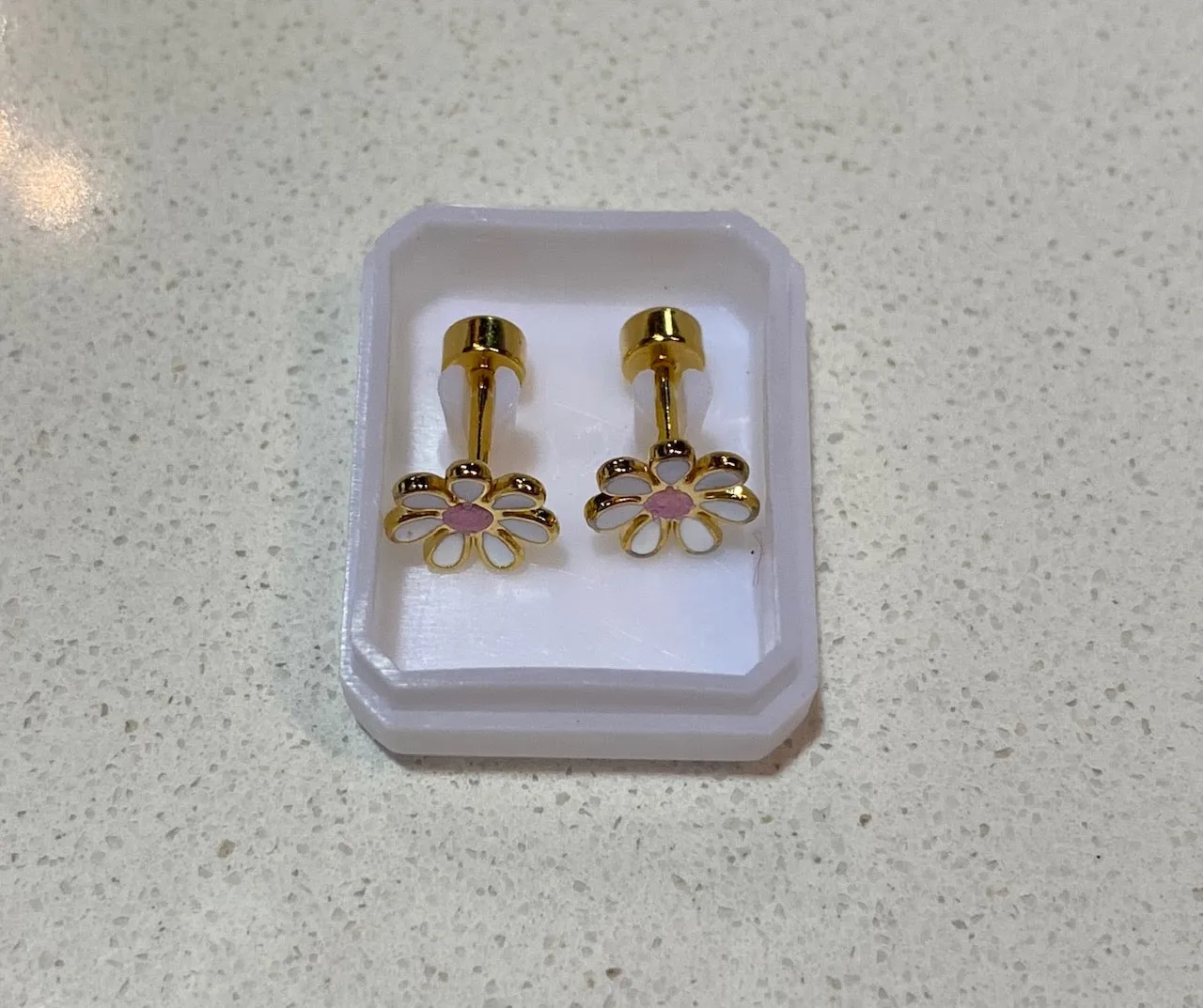 White Flower Gold Stud Screwback Earrings