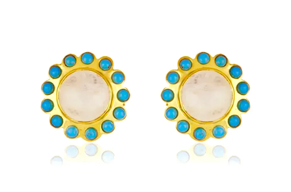 White Moonstone and Turquoise Gemstones Gold Stud Earrings