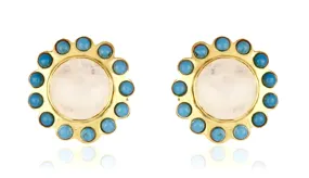 White Moonstone and Turquoise Gemstones Gold Stud Earrings