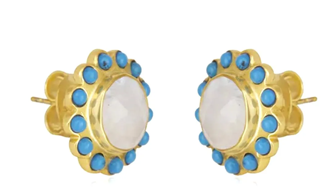 White Moonstone and Turquoise Gemstones Gold Stud Earrings