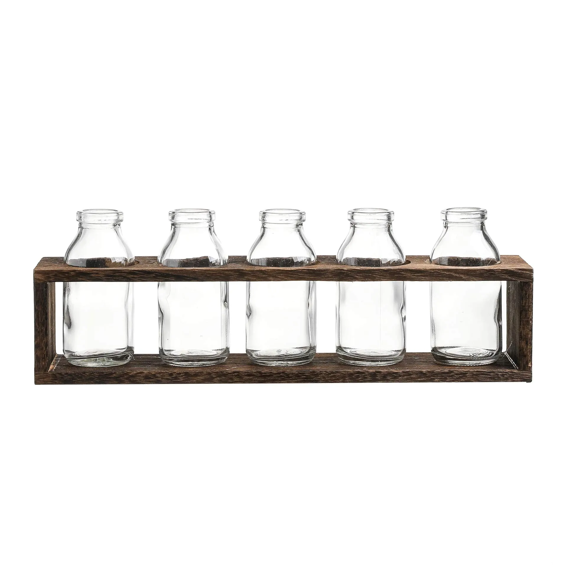 WHOLE HOUSEWARES | Glass Bud Bottles Vase Set with Wood Crate Stand (13.1X2.8X4.5in