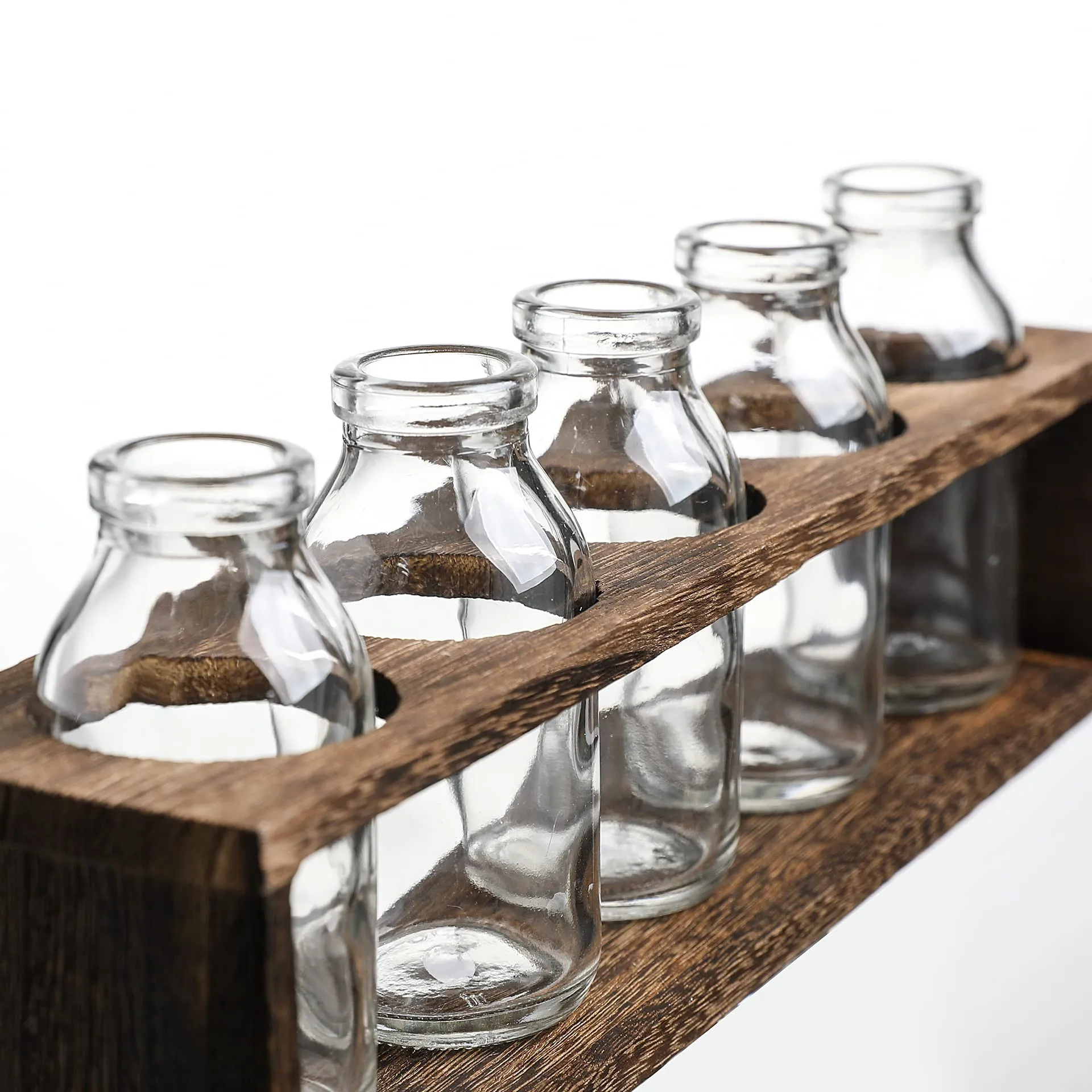 WHOLE HOUSEWARES | Glass Bud Bottles Vase Set with Wood Crate Stand (13.1X2.8X4.5in