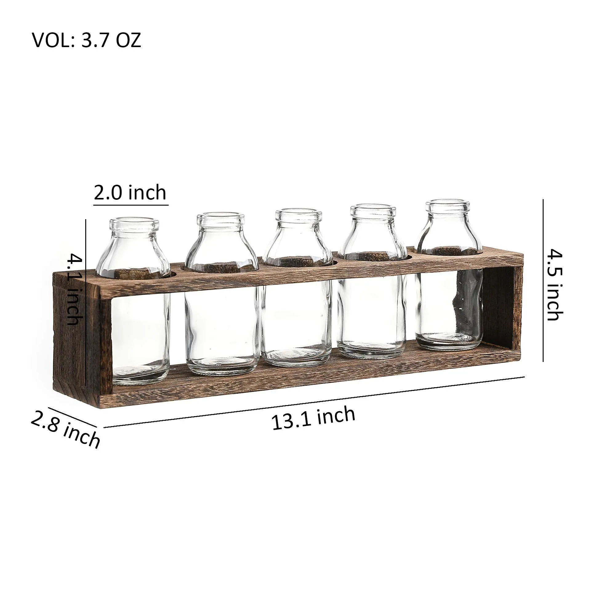 WHOLE HOUSEWARES | Glass Bud Bottles Vase Set with Wood Crate Stand (13.1X2.8X4.5in