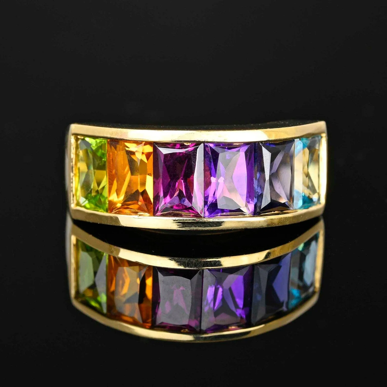 Wide 14K Gold Cushion Cut Multi Gemstone Ring