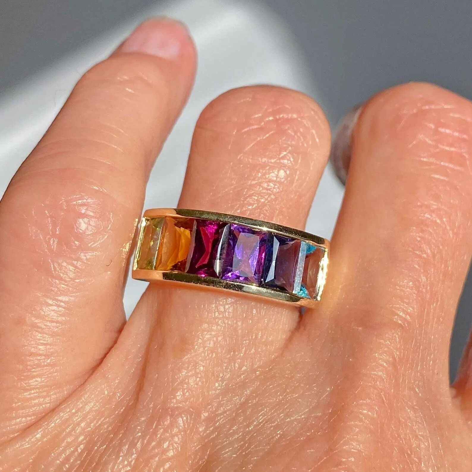 Wide 14K Gold Cushion Cut Multi Gemstone Ring