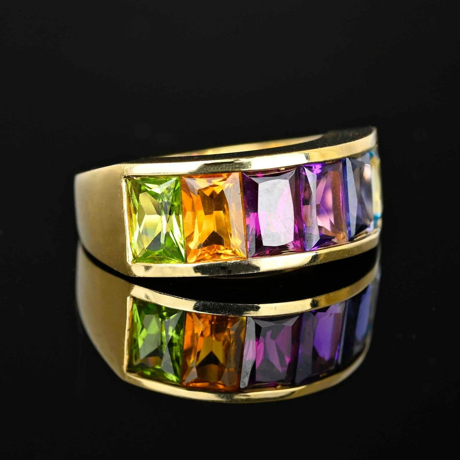 Wide 14K Gold Cushion Cut Multi Gemstone Ring