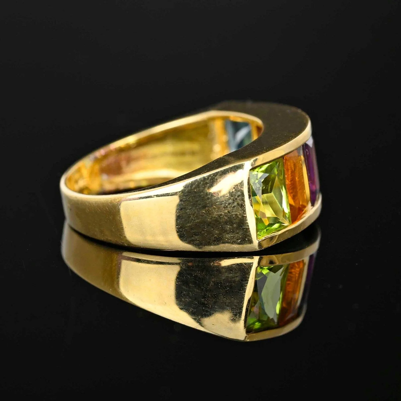 Wide 14K Gold Cushion Cut Multi Gemstone Ring