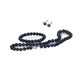 Womens Black Freshwater Pearl Tri Set Necklace, Bracelet and Earrings 8mm AA Grade