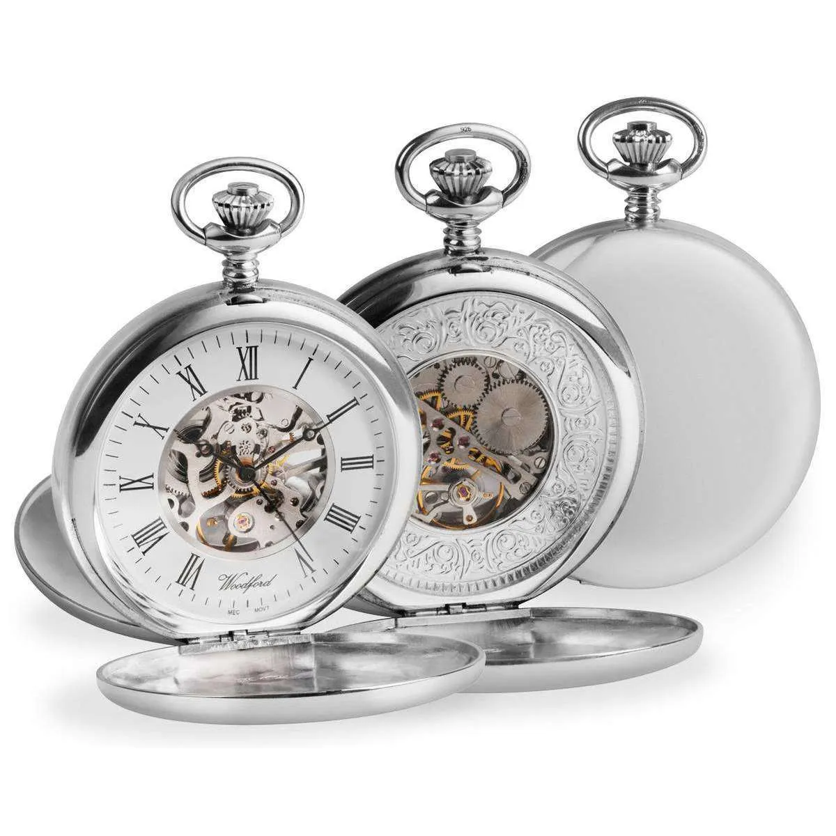 Woodford Sterling Silver Double Full Hunter Skeleton Pocket Watch - Silver