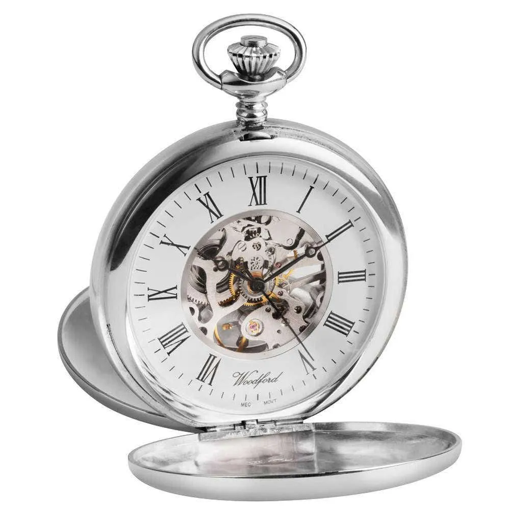 Woodford Sterling Silver Double Full Hunter Skeleton Pocket Watch - Silver