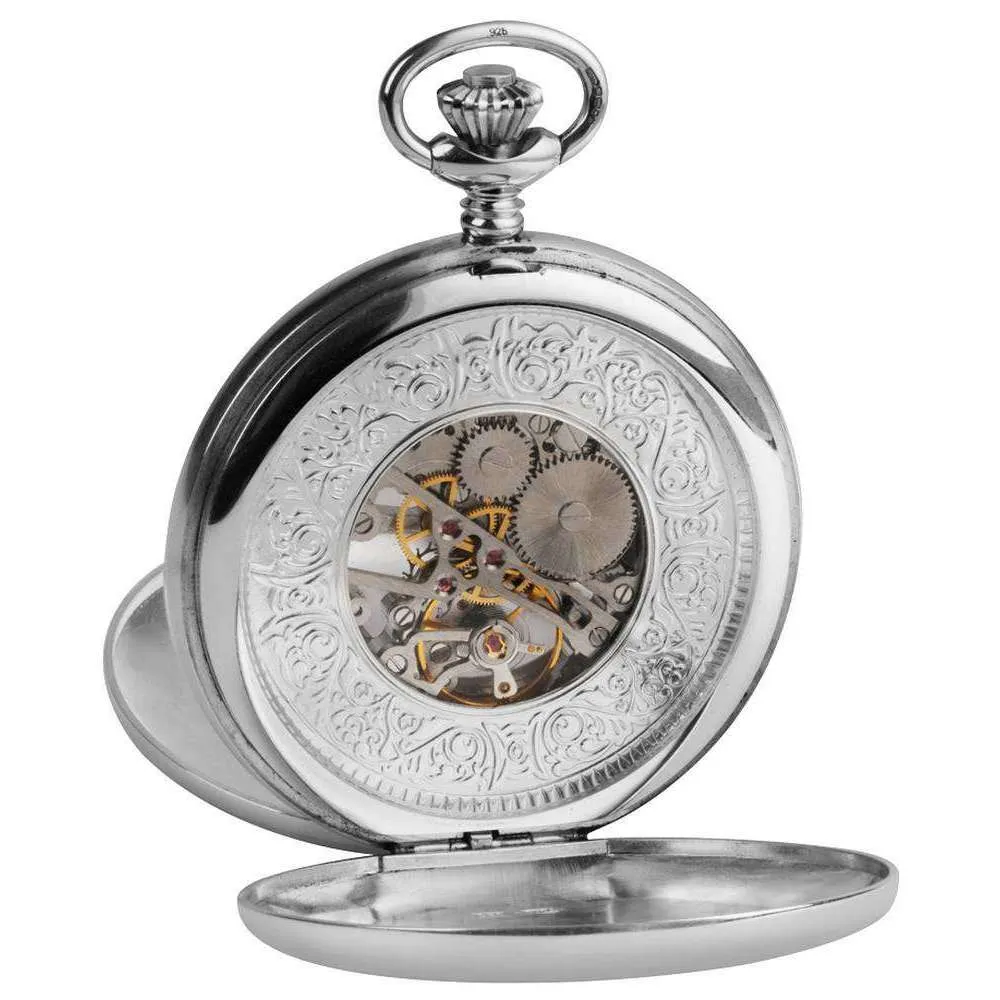 Woodford Sterling Silver Double Full Hunter Skeleton Pocket Watch - Silver